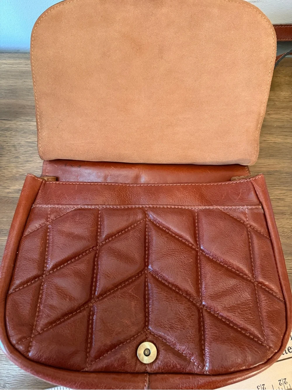 Patricia Nash Quilted Patchwork Leather Saddle Crossbody Bag Cognac - Picture 6 of 13